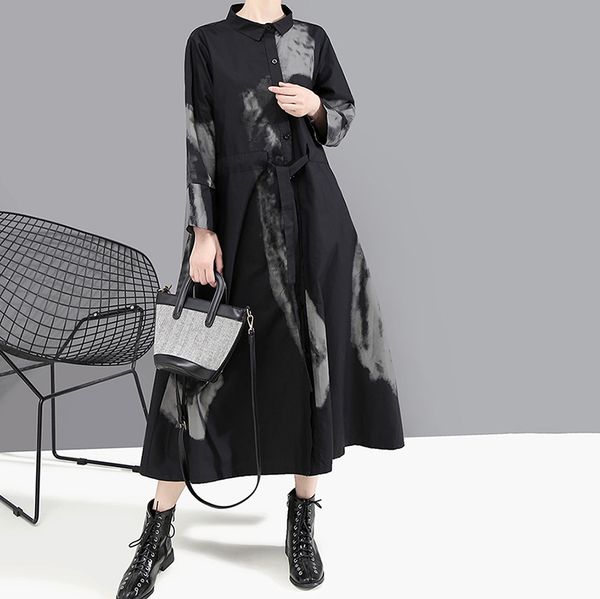 

[eam] women black print hit color vintage dress new lapel neck long sleeve loose fit fashion tide spring autumn 2020 lj201203, White;black