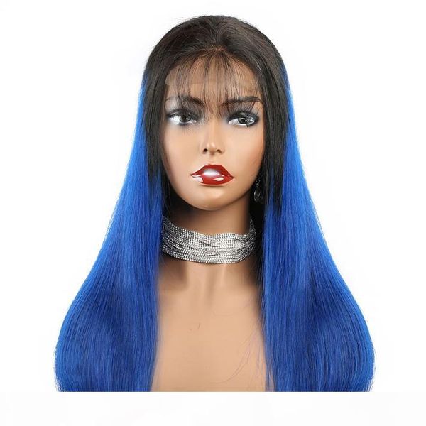 

t1b blue straight human hair wig 4x4 closure peruvian remy glueless lace front wigs with baby hair full blue ombre lace wig for black women, Black;brown