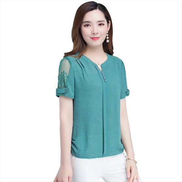 

women spring summer style chiffon blouses shirts lady casual short lace sleeve o neck blusas df2967, White