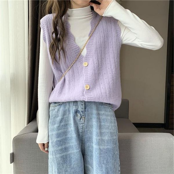 

women's vests autumn spring 2021 style women sweater fashion sleeveless knitted vest short female button kintted soild color, Black;white