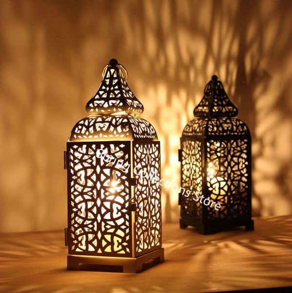 Castiçal europeu pendurado lanterna preto / branco / ouro vintage elegante metal oco titular artigos marroquinos 50 y200109