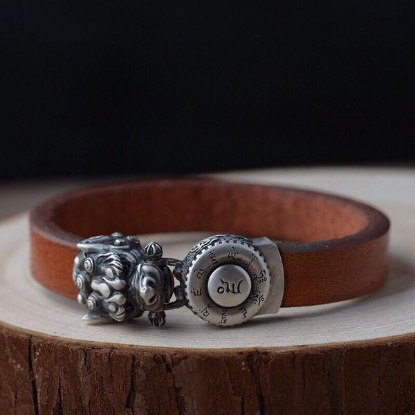 

heitai yellow god of wealth heart mantra cowhide men's bracelet, Golden;silver