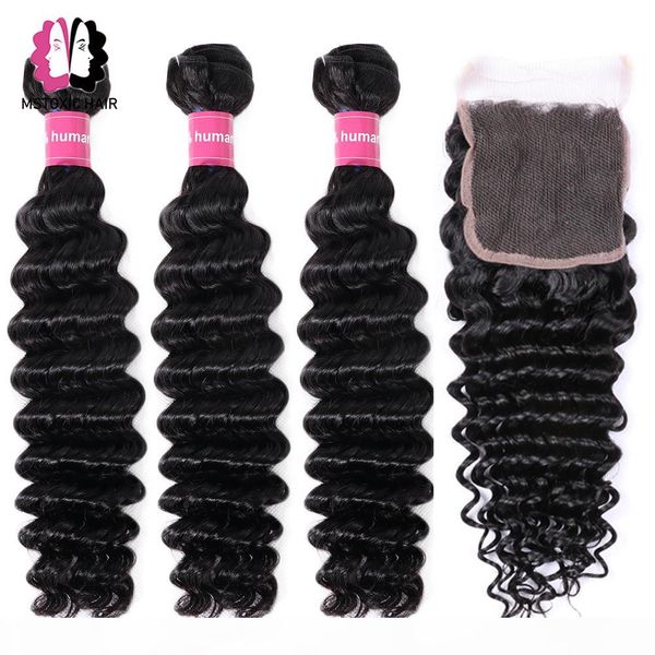 

mstoxic deep wave bundles with closure brazilian hair weave bundles with closure remy human hair bundles with closure, Black;brown