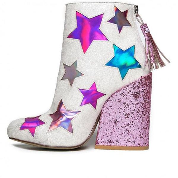 

boots bling pentagram splicing ankle zipper fringre botines mujer pink square heel botas feminina autumn fashion shoes women, Black