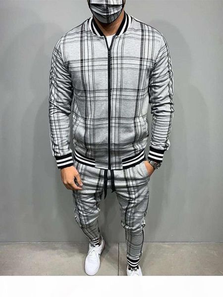 

new colorful plaid men casual zipper set autumn tracksuit set male sweatshirt pocket fashion jackets men tracksuit sets mens, Gray