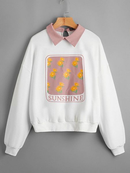 

flower & letter graphic drop shoulder contrast collar sweatshirt m87f#, White;black