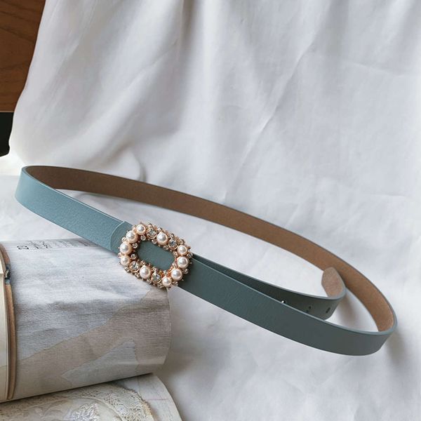 

south korean pearl inlaid diamond thin for women's decoration with skirt versatile casual pure leather small belt, Black;brown