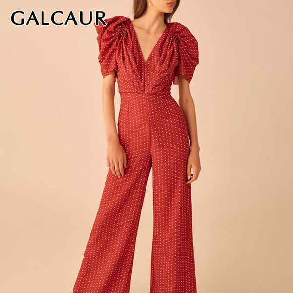 

galcaur elegant dot hit color jumpsuit for female v neck puff short sleeve high waist tunic jumpsuits women 2020 fashion spring, Black;white