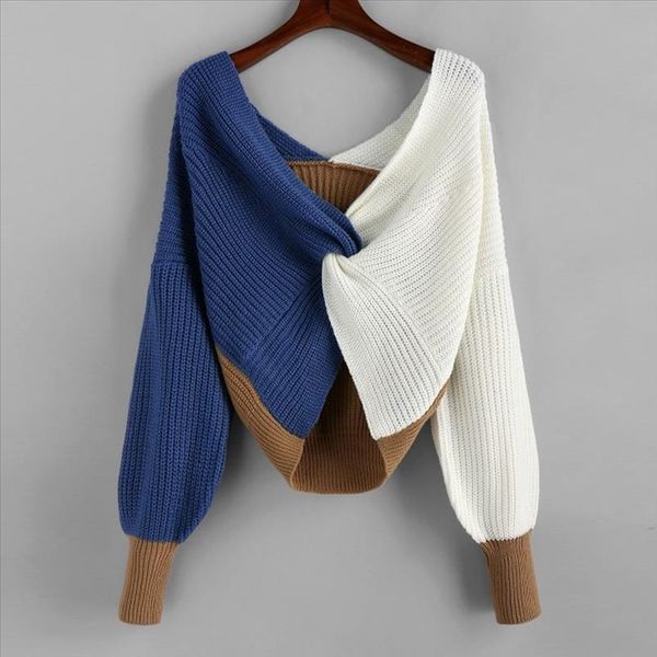 

2021 newly blouses women casual splice v neck pullover loose sweater jumper knitwear blouse plus size blouse femme, White