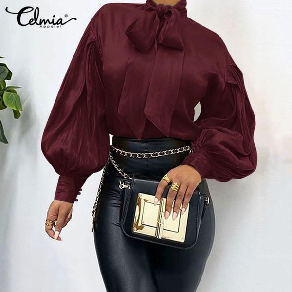 

5xl celmia elegant office long puff sleeve blouses women bow collar fashion shirts casual solid loose tunic party blusas1, White