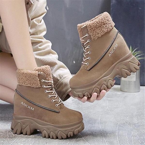 

fashion women wedge snow boots ladies 10cm height increasing platform plush warm shoes female lace up ankle boots botas mujer #0b2u, Black