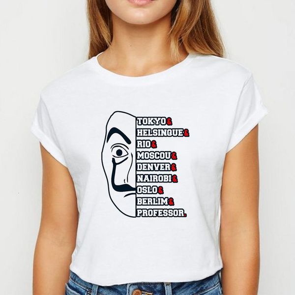 

young ladies la casa de papel half face tshirt plus size hip hop spring summer t shirt harajuku avant-garde round collar t-shirt, White
