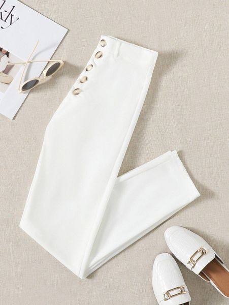 

button fly solid pants f1ez#, Black;white