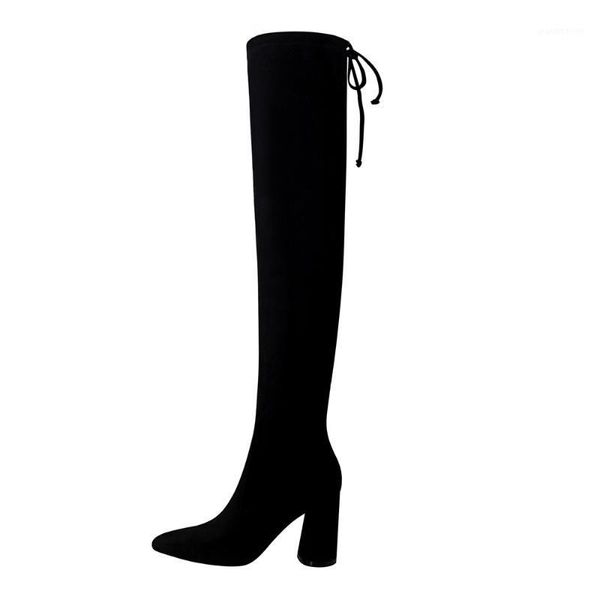 

boots 2021 autumn winter shoes women block heels thigh high velet lingning pointed toe 8.5cm black ladies shoe1