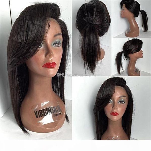

unprocessed peruvian human hair full lace wigs lace front wigs straight brazilian malaysian virgin human hair wig with baby hair, Black;brown
