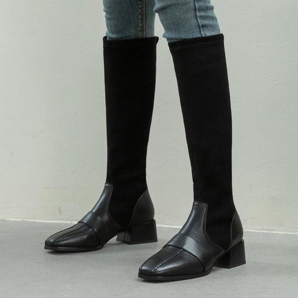 

boots ribetrini stylish chic winter women big size 48 chunky heels elegant elastic sock cosy for walk riding boot, Black