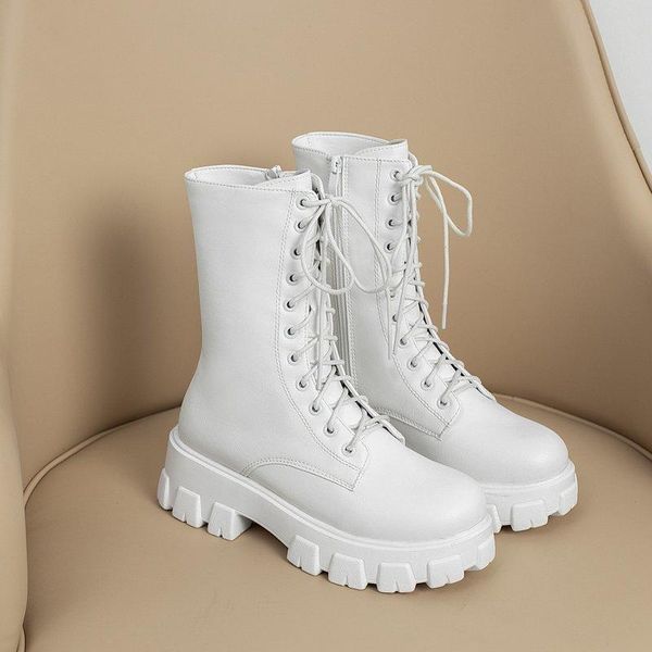 Botas 2021 White Combat Women Women Autumn Leather Plataforma Gótica Sapatos Góticos Tamanho Médio Mid-Calfe 35-43