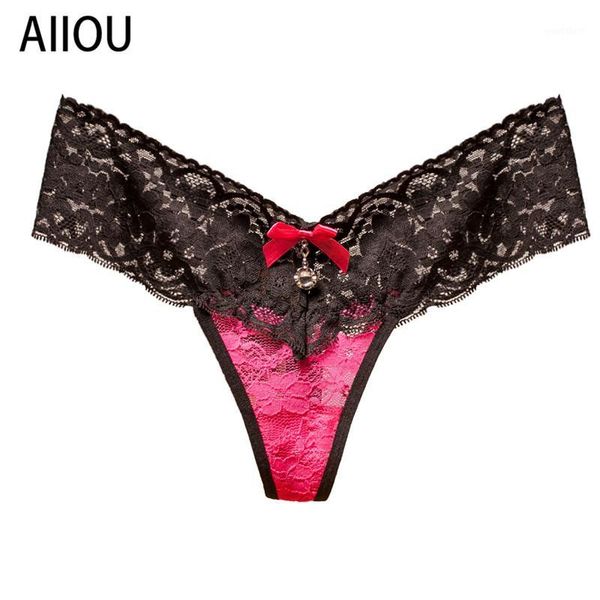 

aiiou women lace underwear pink pants bow 3pcs low waist transparent panties thongs g-strings lingerie floral underwear1, Black;pink