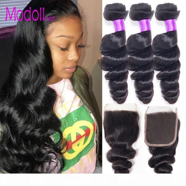 

loose wave human hair bundles with closure extensions raw virgin indian remy hair weave 3 bundles with 4*4 lace closure, Black;brown