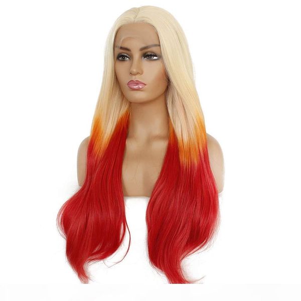 

two tones long natural wave hair blonde&red ombre hair glueless synthetic lace front wigs for women heat resistant fiber hair, Black