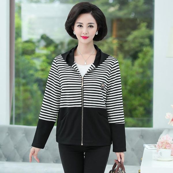 

women's jackets casual loose stripe hooded and coats for woman plus size middle old age mother clothes zipper autumn outwear top, Black;brown