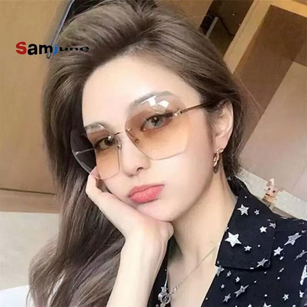 

samjune high qulity women rimless square sunglasses metal2020 shades fashion luxury sunglasses female ladies brown eyewear, White;black
