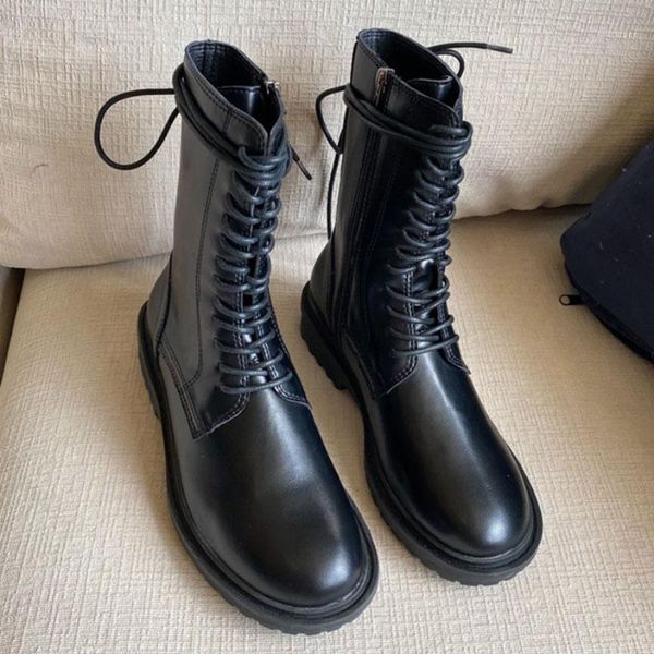 

mid-calf cross band zip motocycle boots women shoes chunky heels pu leather botas sew solid low heels knight riding bottes mujer1, Black