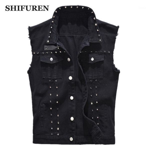 

shifuren denim vest men's punk rock style rivet cowboy black jeans waistcoat edge male motorcycle jacket sleeveless tanks1, Black;white