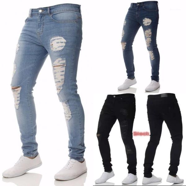

men's jeans mens casual skinny pants solid ripped beggar knee hole youth men1, Blue