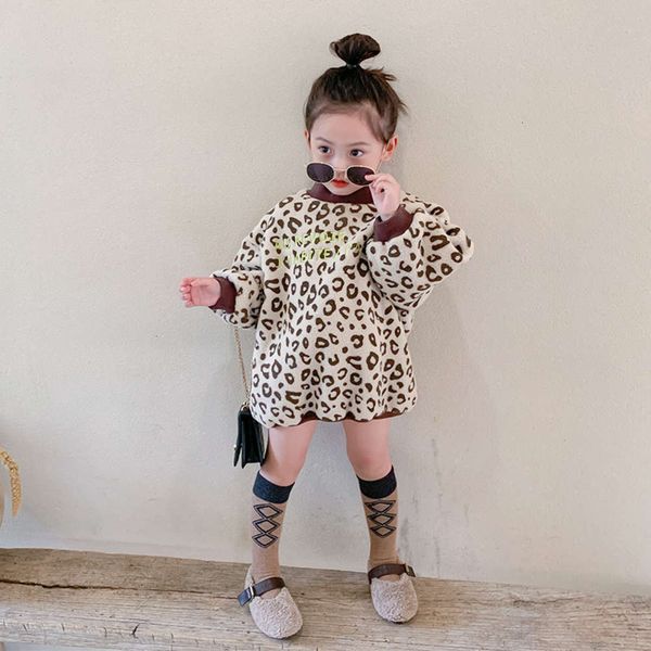 

korean children's autumn winter 2020 new girls' baby plush and thickened leopard print loose wtern sle drs, Red;yellow