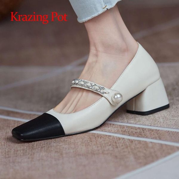 

dress shoes krazing pot 2021 genuine leather square toe high heels mixed colors korean street pretty girls dating elegant women pumps l97, Black