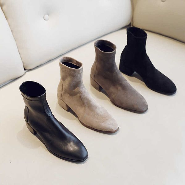

suede thick square head sleeve chelsea korean fashion versatile medium heel short elastic thin boots, Black
