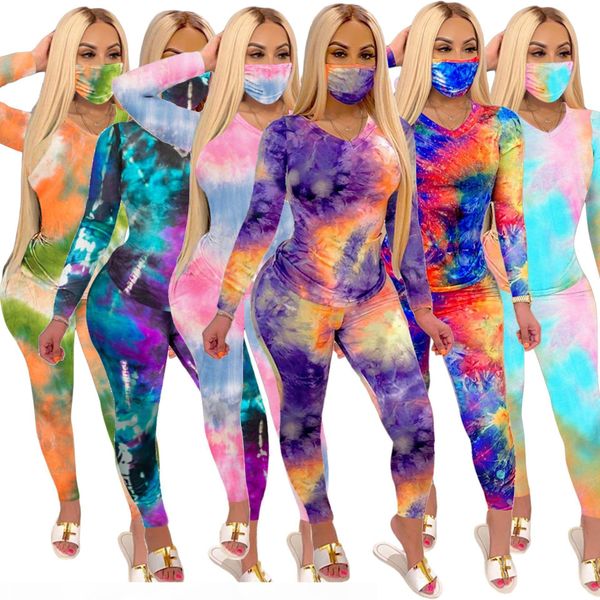 

designer women tow pieces outfits tie dye tracksuit long sleeved round neck casual fashion home sports pants suit (including mask) dhl, White