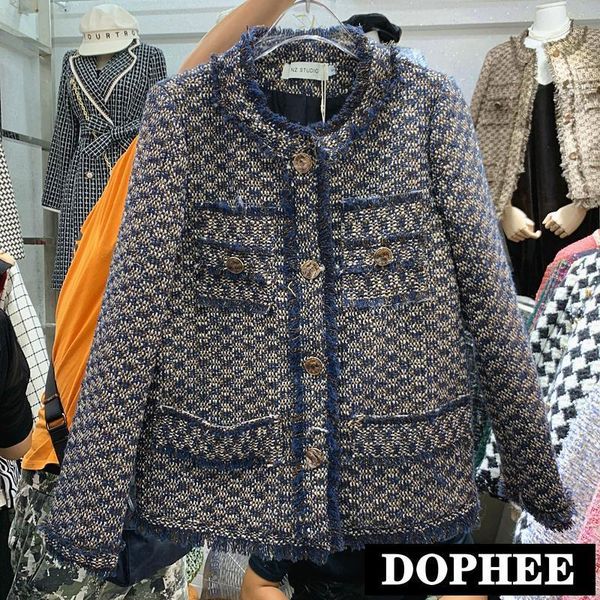 

2020 autumn and winter new korean round collar woven tweed coat lady's vintage woolen overcoat single-breasted jacket1, Black