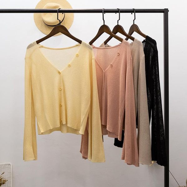 

2019 casual women v neck flare sleeve lazy loose ice silk knitted thin cardigans summer spring sunscreen clothing streetwear1, White