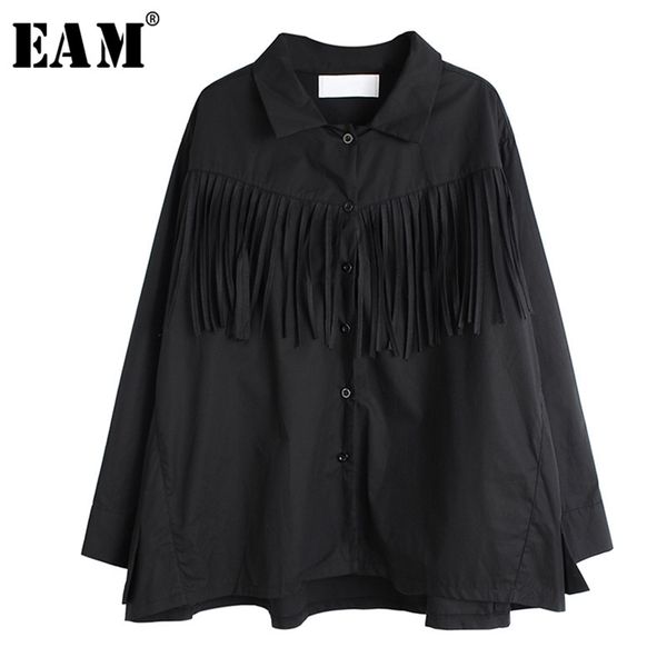 

[eam] women black tassels split big size blouse new lapel long sleeve loose fit shirt fashion tide spring autumn lj200811, White