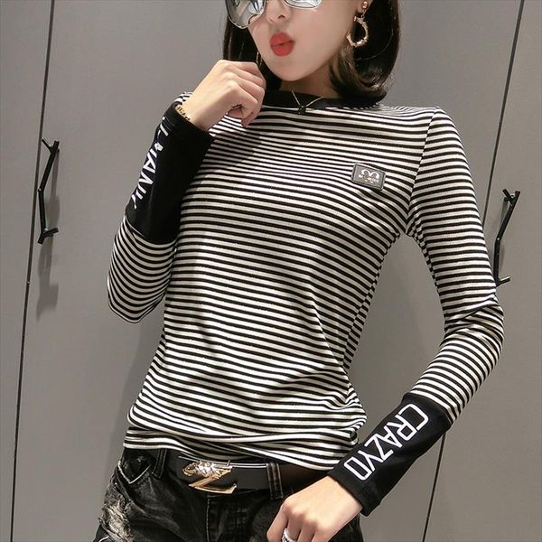 

korean striped letter patchwork tshirt 2019 spring summer long sleeve clothes shirt camiseta mujer black white t97105