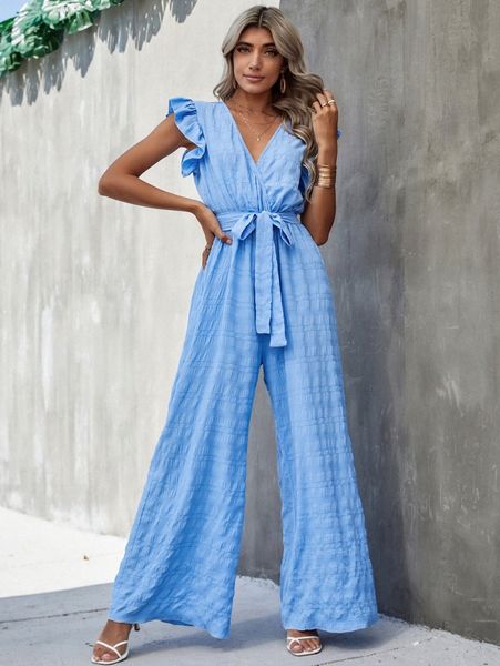

surplice neck ruffle belted wide leg jumpsuit 25ur#, White
