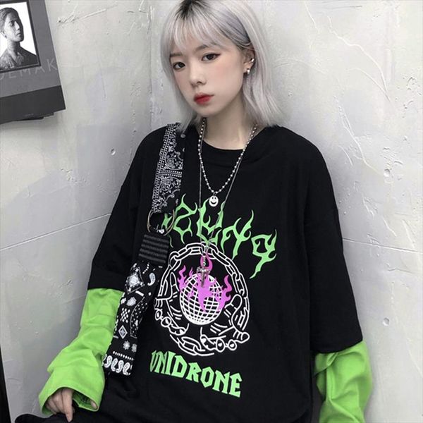 

кореи ins hip hop ulzzang tee print dropshipping punk street street refeing harajuku camisas black поддельные две одежды топы женские футбол, White