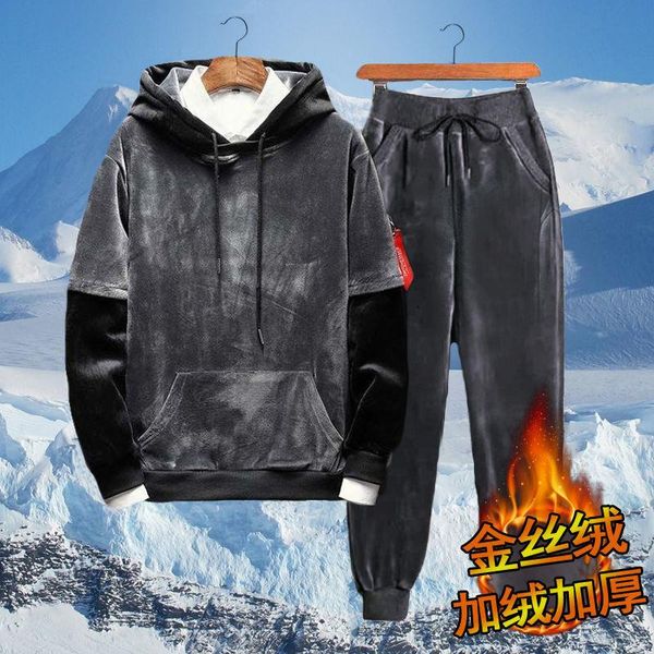 

men's tracksuits 2021 winter plus size men casual warm tracksuit fleece zipper hooded coat drawstring pants 2 piece sets mens clothing, Gray