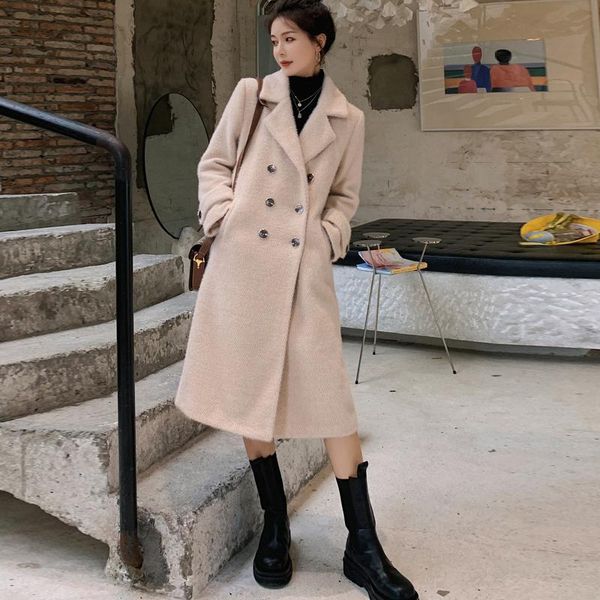 

women's wool & blends woolen 2021 autumn winter women coats mid-length double-breasted turn-down collar fashion coat elegant, Black