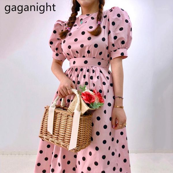

gaganight sweet pink polk dot women holiday party dress backless fashion girls vintage maxi dresses chic korean a line vestidos1, Black;gray
