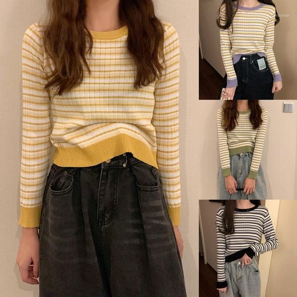 

striped women's long-sleeve knitted t-shirt round neck stitching street cropped korean casual skinny t shirt1, White