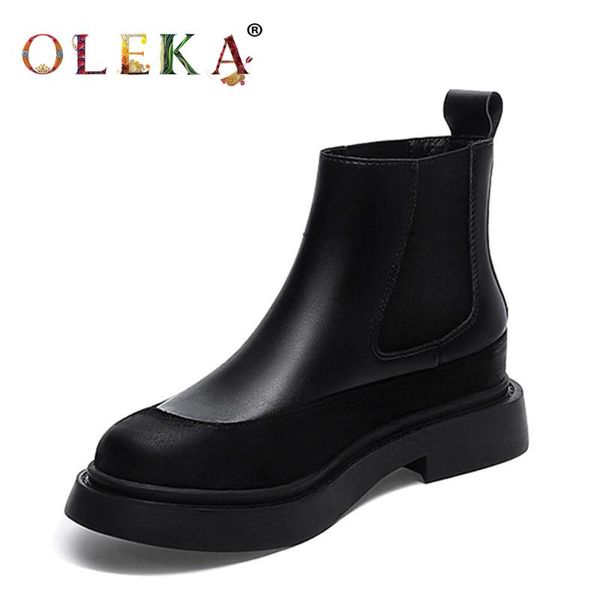 

boots oleka mid-calf winter for women square heel rome round toe leather neutral style punk as924, Black