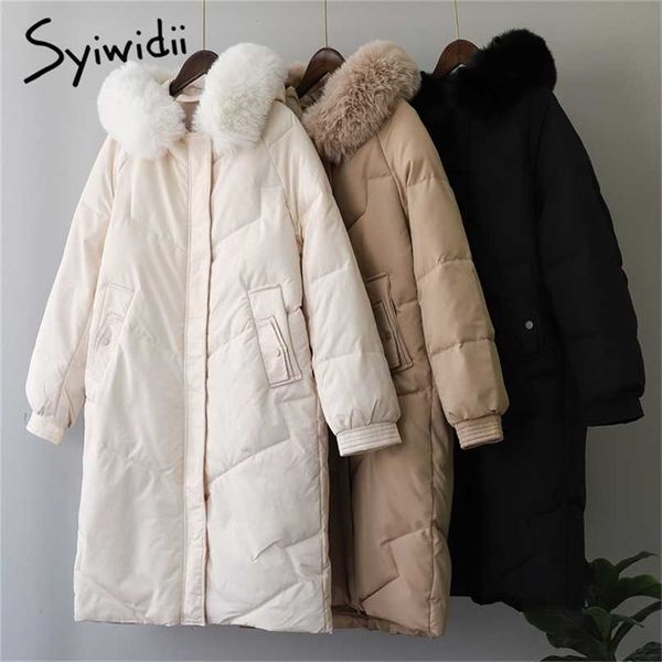 Syiwidii ​​mulheres jaqueta de inverno colar de pele capuz casacos quentes khaki preto elegante elegante longo outerwear escritório senhoras Parkas 211216