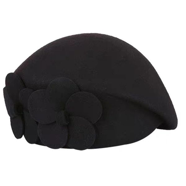 

new fashion brand winter hat beret hat flower women female beanie cap flower french trilby 100%wool soft stewardess hat, Black;white