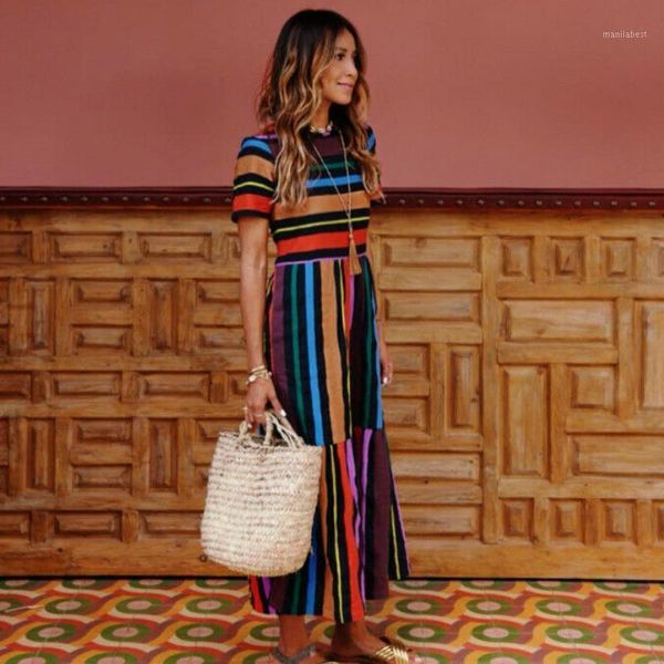 

summer women boho striped print dresses short sleeve long maxi dress beach clothes vestidos1, Black;gray