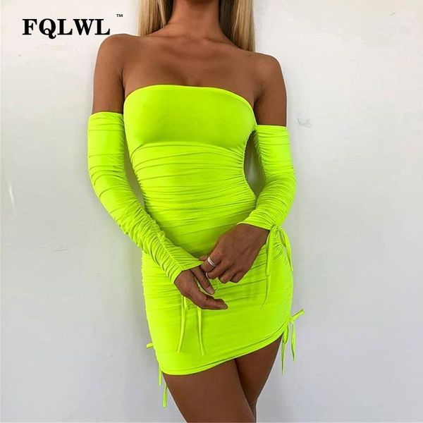 

fqlwl off shoulder bandage pleated dress women green long sleeve ruched bodycon mini dress ladies club short party dresses1, Black;gray