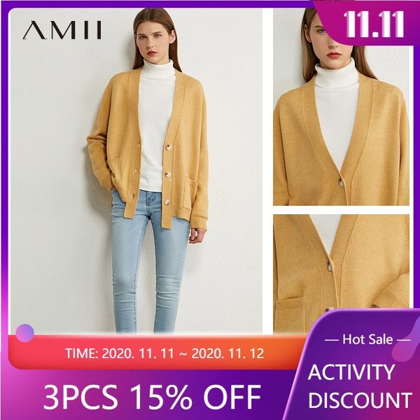 

amii minimalism autumn winter women cardigan fashion solid vneck loose knitted women's overcoat female coat 12040488 201031, White;black