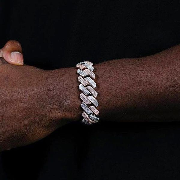

new iced out wide miami cuban link chain bracelet 2 raw two tone pink white cubic zirconia hip hop bracelet women men jewelry, Golden;silver